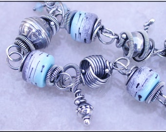 Aqua and gray lampwork bracelet,  silver link bracelet