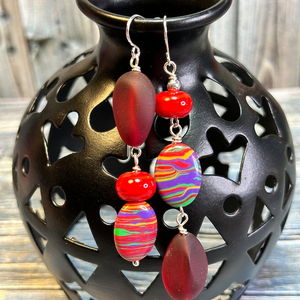 RED FIESTA bead earrings, colourful dangle earrings,  red glass earrings, great gift idea, everyday wear, any occasion, asymmetric earrings