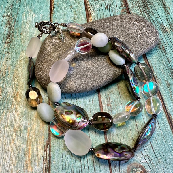 multicoloured gemstone shell jewelry, boho luxe abalone smoky quartz glass necklace, LONE SHADOW necklace, great gift idea, everyday wear