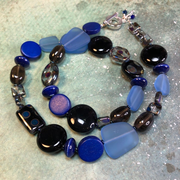 blue semi-precious gemstone glass wood jewelry, fun funky OOAK necklace, MOREE necklace, great gift idea, everyday wear, all occasion