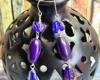 THE COBALT CAPER earrings, colourful dangle earrings,  great gift idea, any occasion, purple and blue glass earrings