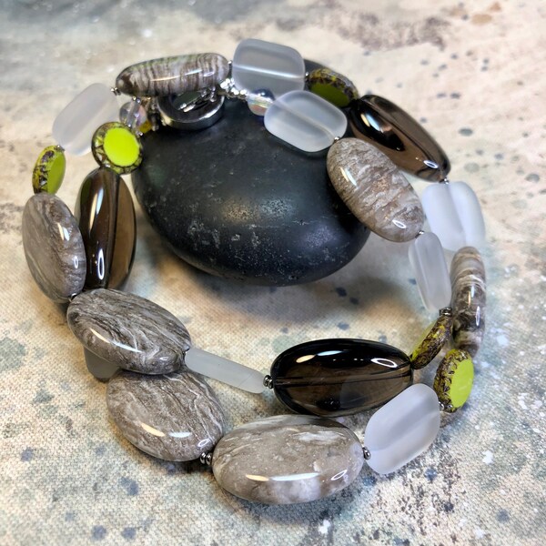 grey semi-precious gemstone glass necklace - boho luxe statement jewelry - SORCHA necklace - great gift idea - all occasion wear  daily wear