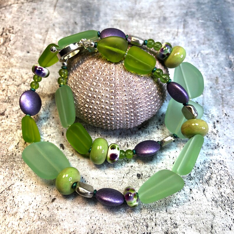 Green recycled glass jewelry, orders unique statement necklace, TRITON'S GARDEN necklace, great gift idea, everyday wear, all occasion wear