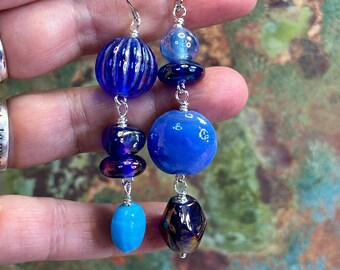 AROUND the WORLD in 81 DAYS earrings, colourful dangle earrings, blue  glass earrings, great gift, everyday earrings, asymmetric earrings