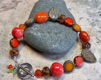 orange glass bead bracelet - unique boho chic jewelry - RENNE bracelet - chunky bead bracelet - great gift idea - all occasion daily wear