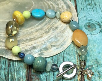 yellow and blue glass and gem bracelet - everyday wear summer jewelry -  textural statement jewelry - VALENA bracelet -  great gift idea