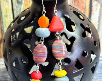FAIRGROUND FUNHOUSE bead earrings, colourful dangle earrings, red and orange earrings, great gift idea, everyday wear, asymmetric earrings