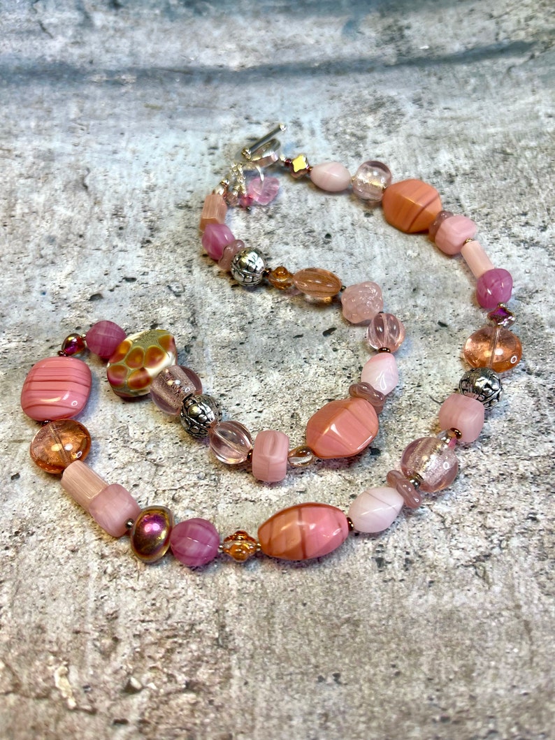 pink glass bead necklace, boho luxe jewelry, unique layering necklace, PINKY PROMISE necklace, great gift idea image 2