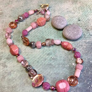 pink glass bead necklace, boho luxe jewelry, unique layering necklace, PINKY PROMISE necklace, great gift idea image 3