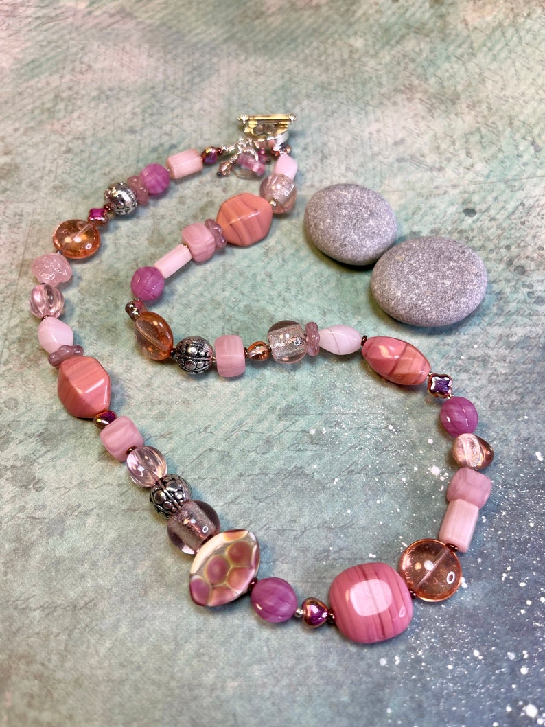 pink glass bead necklace, boho luxe jewelry, unique layering necklace, PINKY PROMISE necklace, great gift idea image 3