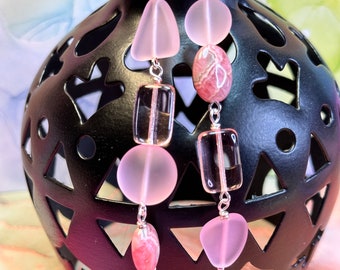 MAIDEN'S BLUSH earrings, colourful dangle earrings,  great gift, any occasion, pink glass and rhodochrosite earrings, asymmetric earrings