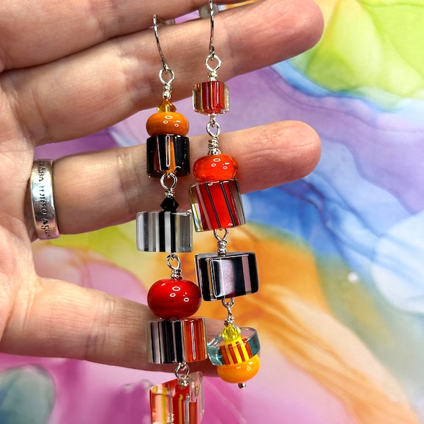 THE WHOLE SHEBANG earrings, colourful dangle earrings, multicolour furnace glass earrings, great gift, everyday wear, asymmetric earrings