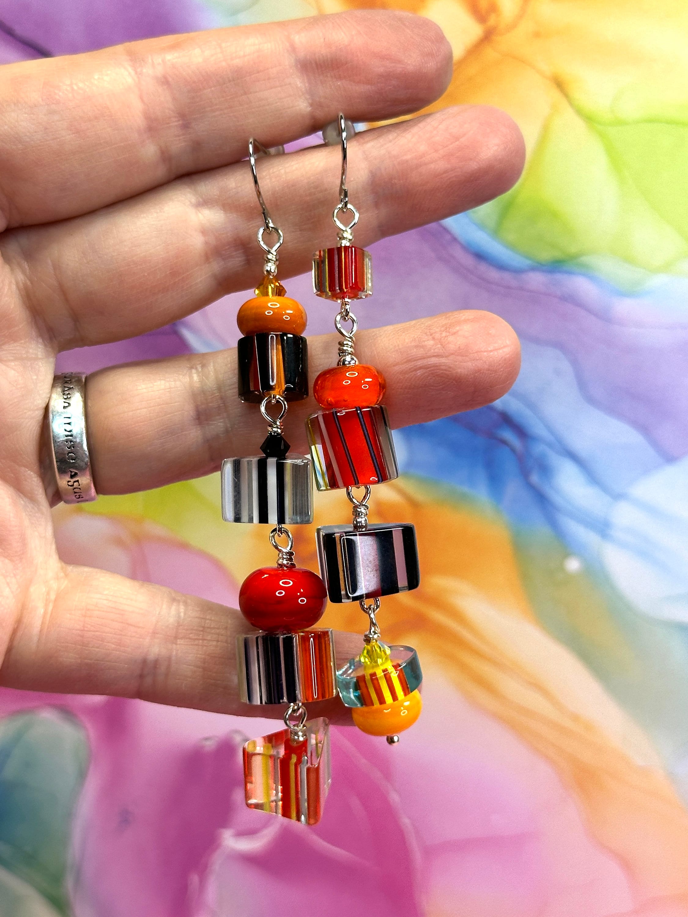 THE WHOLE SHEBANG earrings, colourful dangle earrings, multicolour furnace glass earrings, great gift, everyday wear, asymmetric earrings