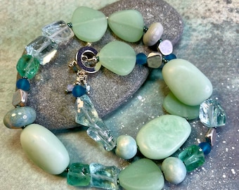 green resin and recycled glass jewelry, chunky glass bead jewelry, OH LOVE necklace, great gift idea, all occasion jewelry, daily wear