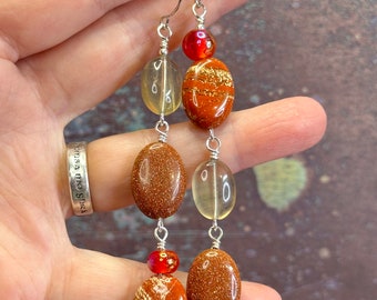GO-GETTER earrings, colourful dangle earrings, great gift idea, any occasion, fluorite goldstone red jasper earrings