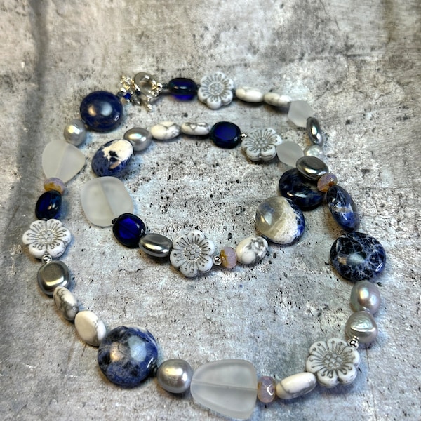 blue gemstone and glass necklace, howlite, sodalite pearl recycled glass, LAWAN necklace, great gift idea, everyday wear
