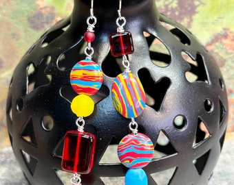 WATER ON a WILDFIRE bead earrings, colourful dangle earrings, red earrings, great gift idea, everyday wear, asymmetric earrings