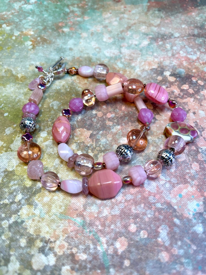 pink glass bead necklace, boho luxe jewelry, unique layering necklace, PINKY PROMISE necklace, great gift idea image 1