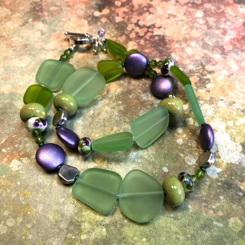 Green recycled glass jewelry, orders unique statement necklace, TRITON'S GARDEN necklace, great gift idea, everyday wear, all occasion wear