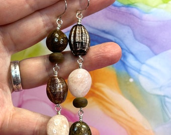 OLD DIRT ROAD bead earrings, colourful dangle earrings, great gift, boho earrings, asymmetric earrings, neutral gemstone earrings