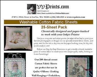 Könnte beinhalten: Werbung für waschbare Baumwollstoffbögen, die für Tintenstrahldrucker konzipiert sind. Die Bögen eignen sich für verschiedene Bastelarbeiten, darunter Quilts und Kleidung. Das Produkt wird in einer 25-Blatt-Packung verkauft.