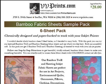 Könnte beinhalten: Ein Musterpaket mit Bambus-Stoffbögen, mit einem 6-Blatt-Pack. Die Verpackung enthält Text und Bilder von Stoffmustern mit floralen Designs. Das Produkt ist für Inkjet-Drucker und verschiedene Kunstprojekte konzipiert.