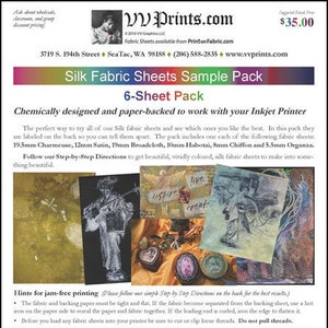 May include: A sample pack of silk fabric sheets for inkjet printers. The pack includes six sheets with different textures and thicknesses, with the brand name and website address at the top. The sheets are labeled with their type and thickness.