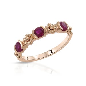 0.7 ctw Natural Round Cut Ruby Flower Ring in 14k Solid Gold / Bezel Set 3 Stone Ring 4 mm / July Birthstone