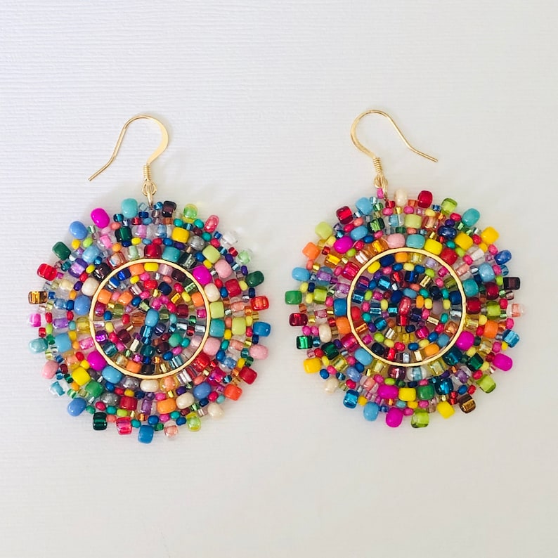 Beaded Confetti Splash Seed Bead Earrings Large Multicolored Disc Earrings image 7