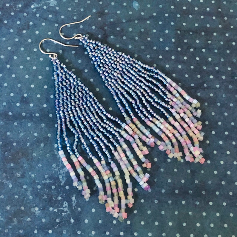 Seed Bead Earrings Blues With Pastel Long Fringe Earrings | Etsy