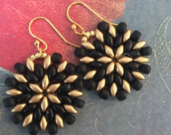 Seed Bead Earrings Small Black and Gold Disc Earrings Beaded Jewelry  Statement Jewelry