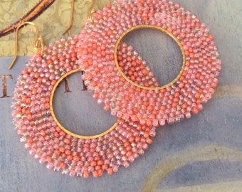 Beaded Hoop Earrings Handmade Seed Bead Spring and Summer Jewelry