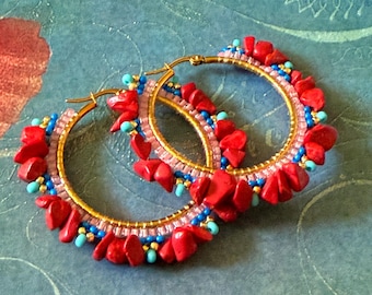 Red Coral Hoop Earrings -  Boho Summer  Statement Jewelry