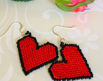 Heart Earrings Seed Bead Valentine Dangle Earrings