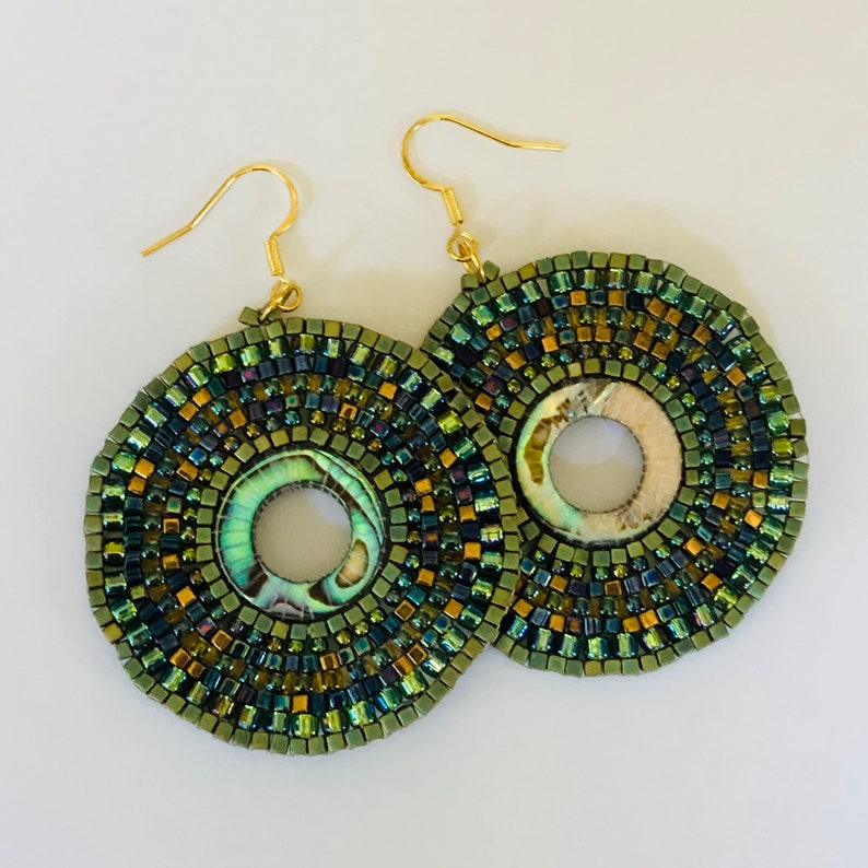 Abalone Earrings Big Boho Handmade Hoops Seed Bead Summer Beach Shell Jewelry image 9