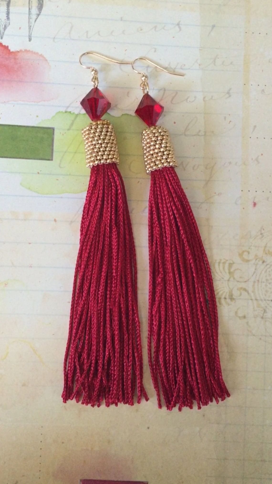 Long Seed Bead Tassel Earrings Beaded Bright Red and Gold Etsy