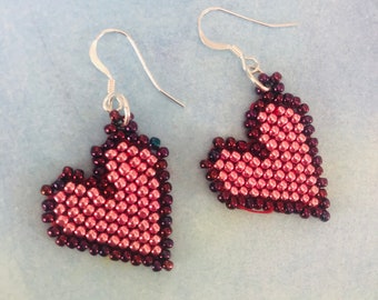 Handmade Heart Earrings Seed Bead Pink Valentine Dangle Earrings