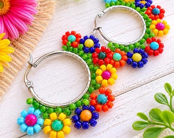 Rainbow Beaded Flower Hoop Earrings | Colorful Daisy Hoops | Boho Fun Festival Summer Jewelry