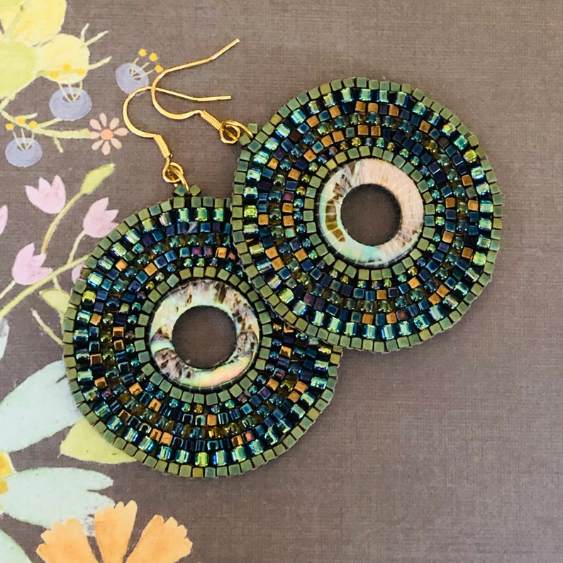 Abalone Earrings Big Boho Handmade Hoops Seed Bead Summer Beach Shell Jewelry image 7