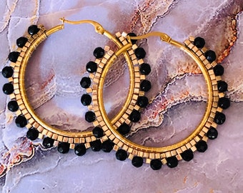 Gemstone Earrings Large Hoop Earrings  Black Spinel Earrings