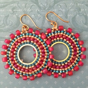 Beaded Small Hoop Earrings Aqua Berries Red and Aqua Seed Bead Earrings Beadwork Jewelry image 1