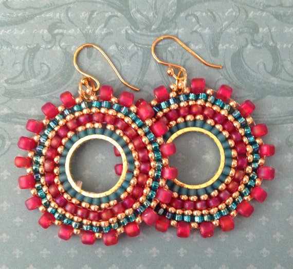 Beaded Small Hoop Earrings Aqua Berries Red and Aqua Seed Bead | Etsy
