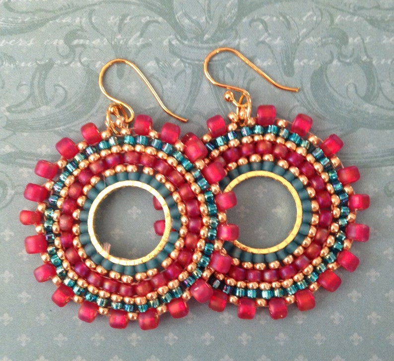 Beaded Small Hoop Earrings Aqua Berries Red and Aqua Seed Bead Earrings Beadwork Jewelry image 1