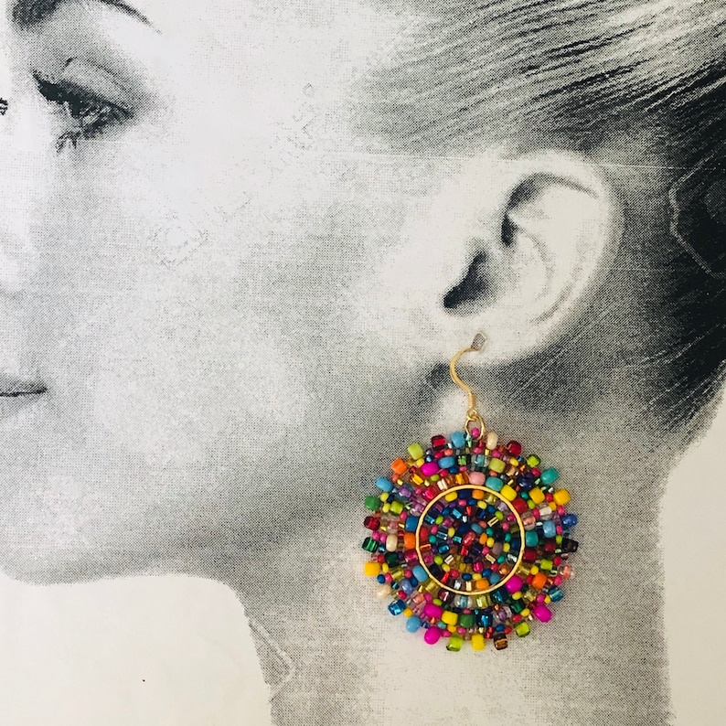 Beaded Confetti Splash Seed Bead Earrings Large Multicolored Disc Earrings image 8