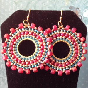 Beaded Small Hoop Earrings Aqua Berries Red and Aqua Seed Bead Earrings Beadwork Jewelry image 6