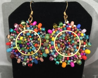 Handmade Confetti Seed Bead Earrings: Bright Multicolored Dangle