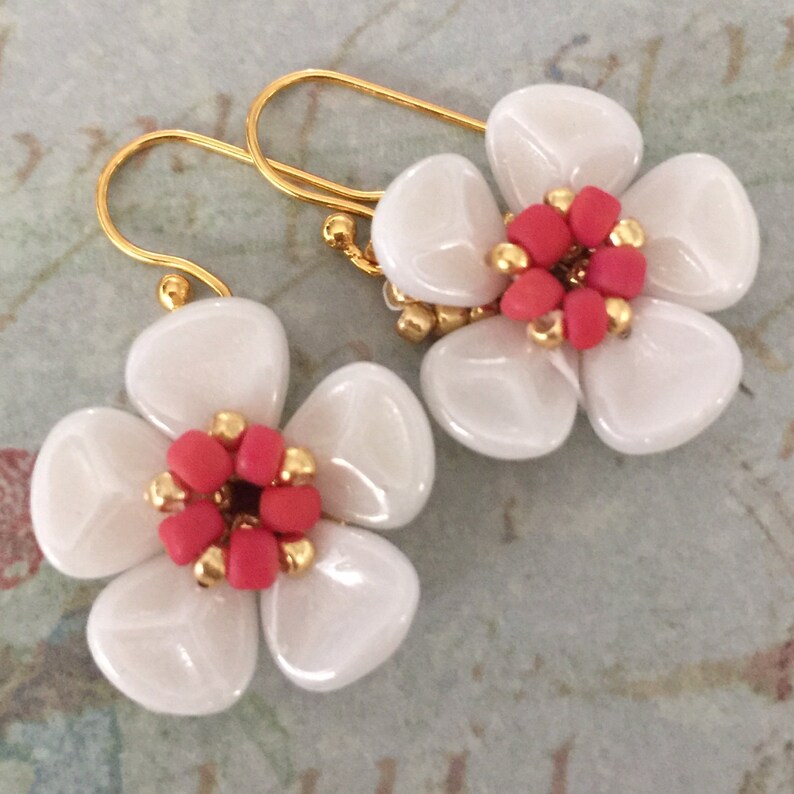 White Rose Flower Petal Earrings Small Beaded Dangle Earrings - Etsy
