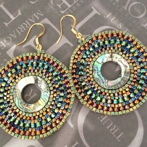 Abalone Earrings Large Boho Handmade Hoops Seed Bead Summer Beach Shell Jewelry image 3