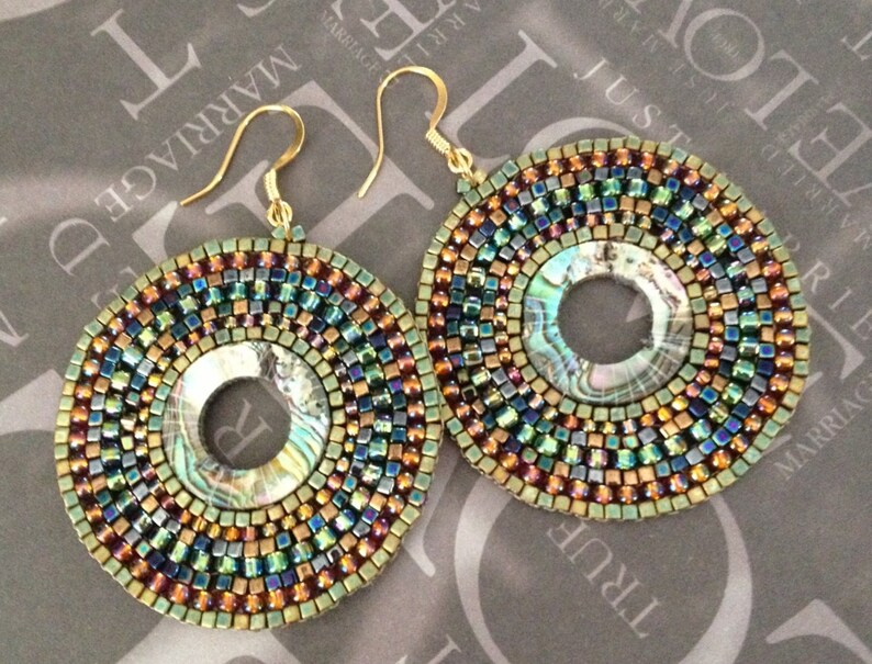 Abalone Earrings Large Seed Bead Earrings Beadwork Sea Shell Jewelry