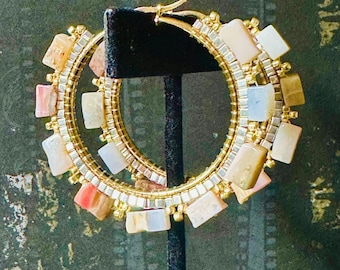 Large Hoop Earrings | Natural Pink Opal Gemstones | Big Unique Statement Jewelry for Women